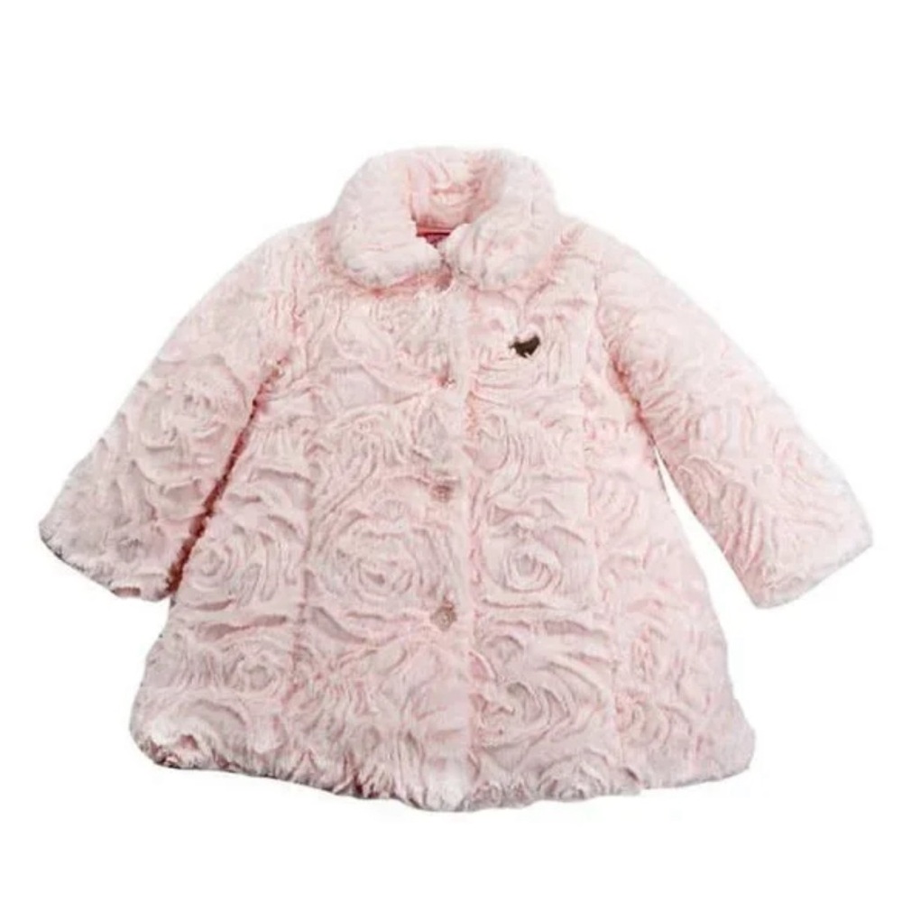 Juicy Couture Girl Toddler 2T Pink Plush Faux Fur Pearl Button Up Winter PeaCoat